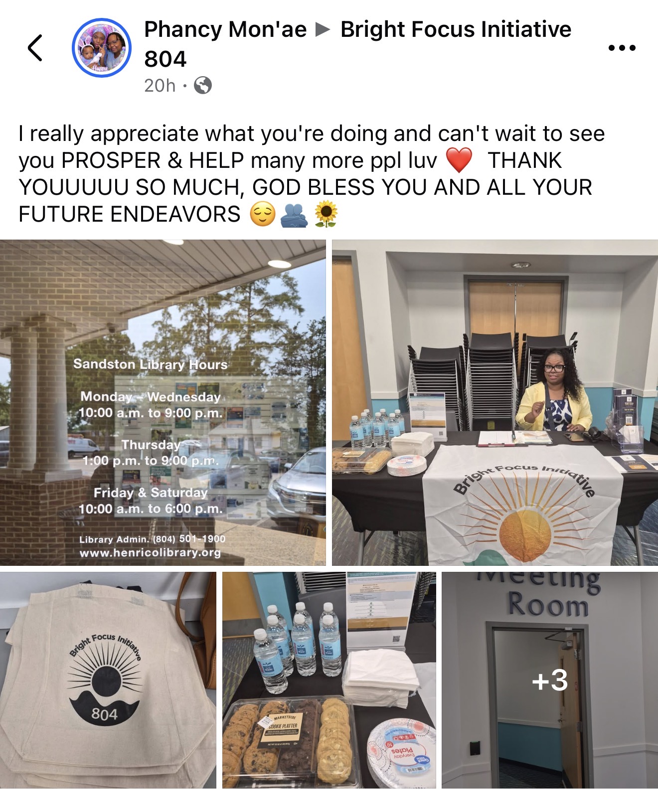 Facebook post from Phancy Mon'ae thanking Bright Focus Initiative 804, with photos from the Sandston Library event