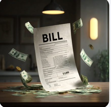 A utility bill surrounded by cash, representing overdue balance relief